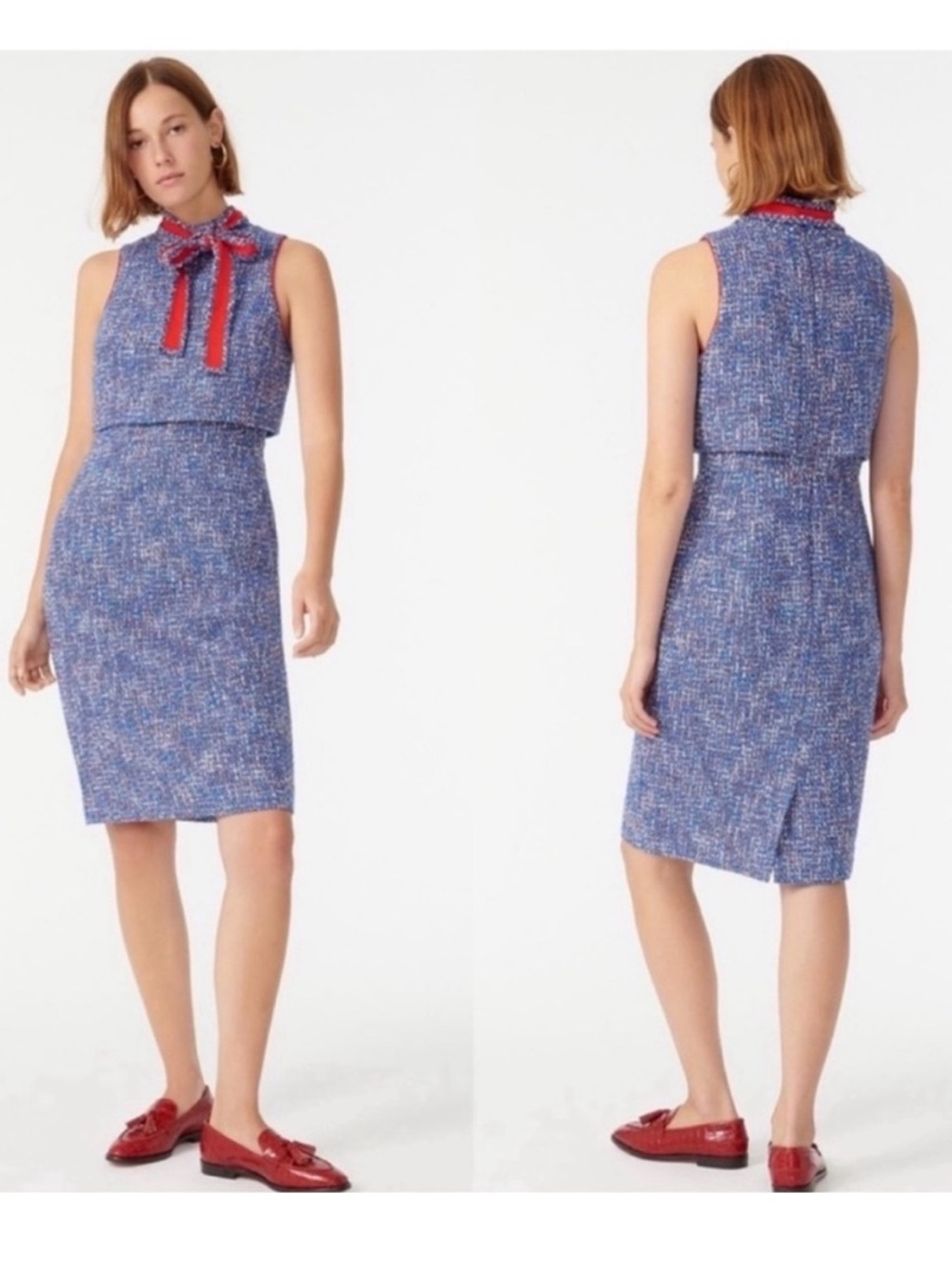 J. Crew Tie-Neck Tank Sheath Dress In Autumn Tweed Blue Red Size 12 - Picture 2 of 9